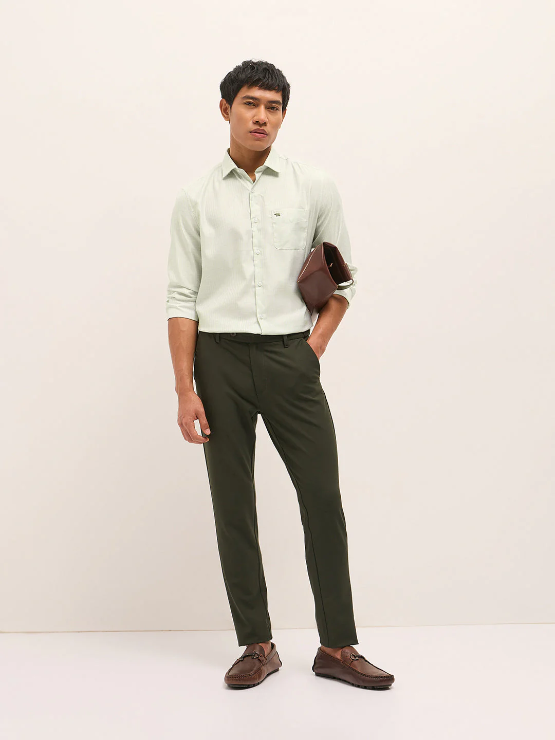 Men Light Green Woven Pinstripe Tailored Fit Formal Shirt - Image 4