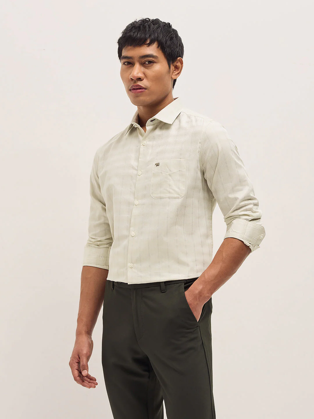 Men Light Green Woven Stripe Tailored Fit Formal Shirt - Image 3