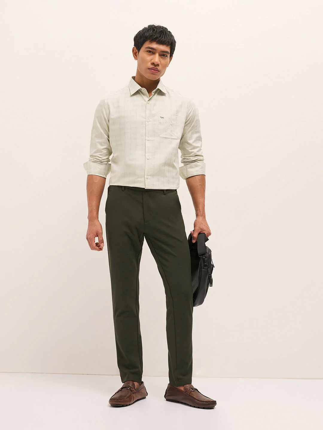 Men Light Green Woven Stripe Tailored Fit Formal Shirt - Image 4