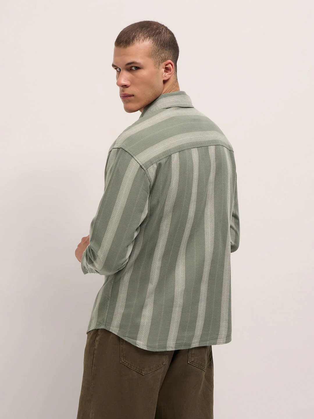 Men Light Green Woven Vertical Stripes Design Relaxed Fit Overshirt - Image 2