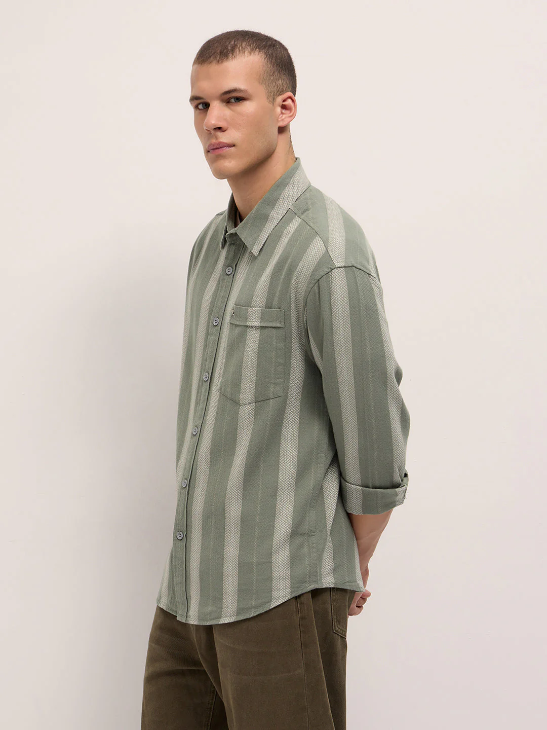 Men Light Green Woven Vertical Stripes Design Relaxed Fit Overshirt - Image 3