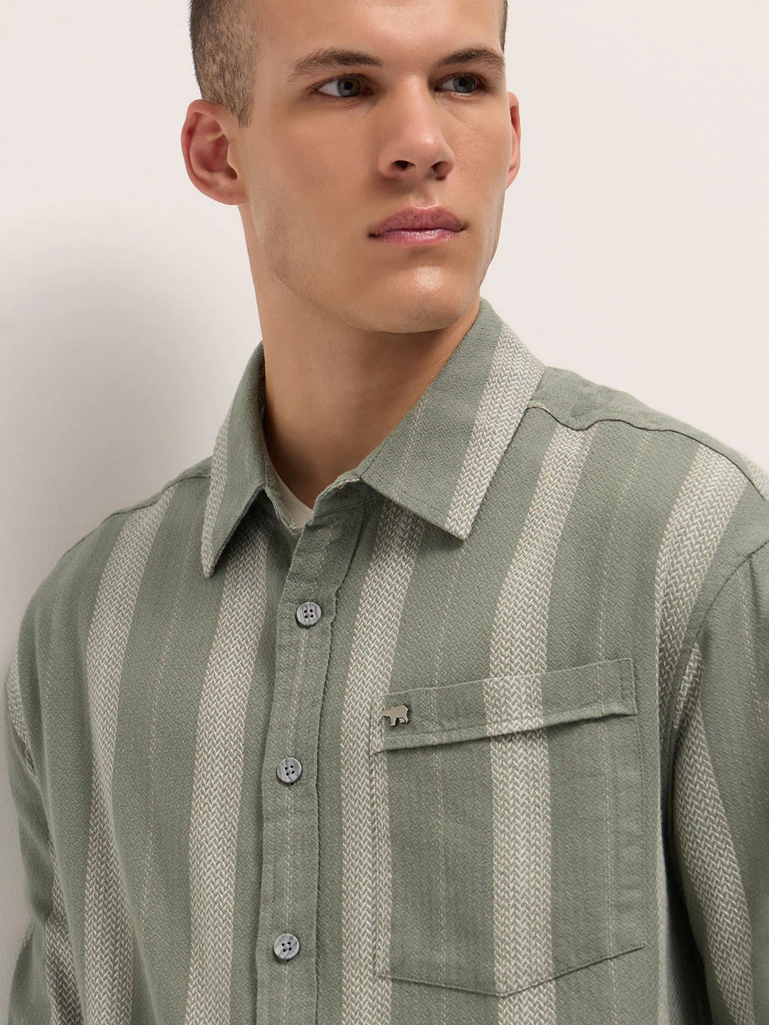 Men Light Green Woven Vertical Stripes Design Relaxed Fit Overshirt - Image 5