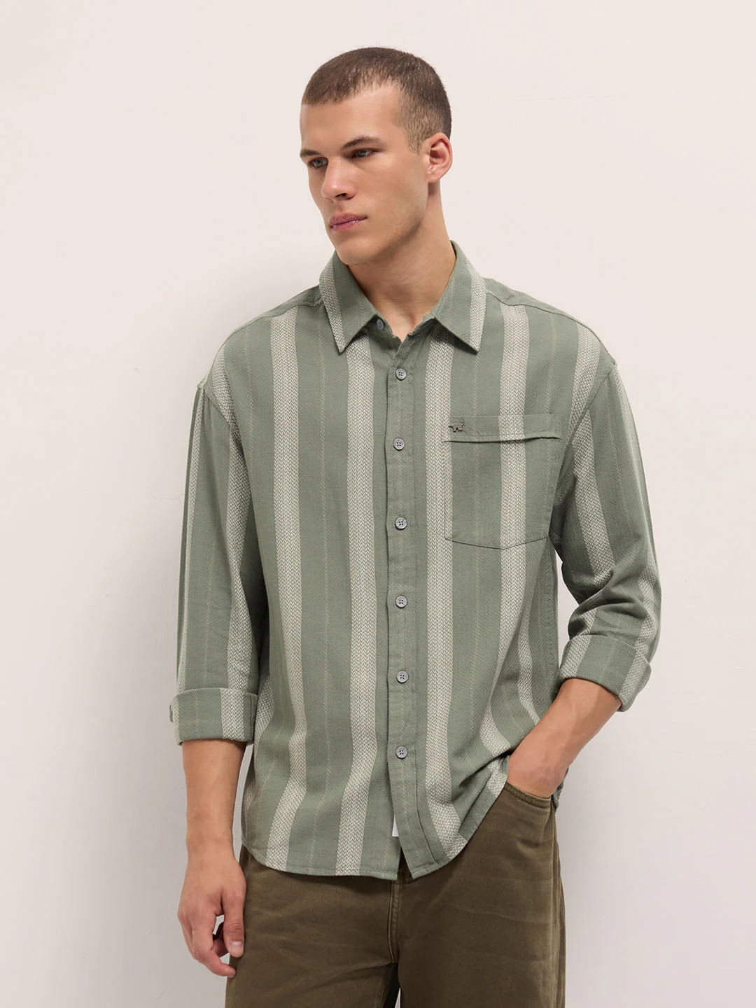 Men Light Green Woven Vertical Stripes Design Relaxed Fit Overshirt - Image 6