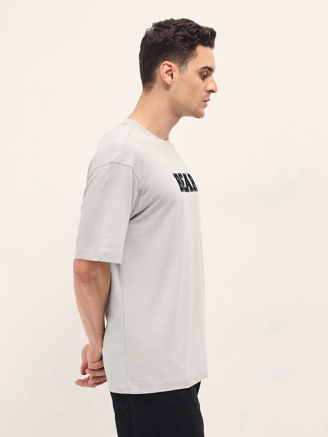 Men Light Grey Bold Typography Graphic Print Crew Neck T-shirt - Image 3