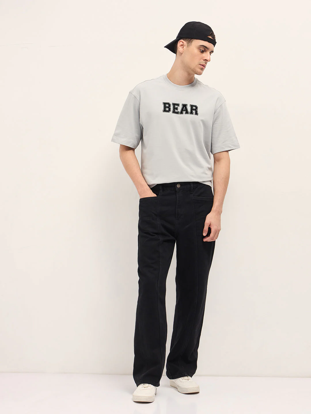 Men Light Grey Bold Typography Graphic Print Crew Neck T-shirt - Image 4
