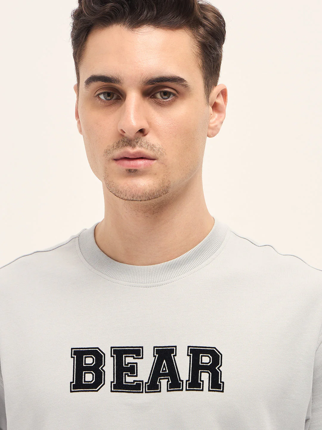 Men Light Grey Bold Typography Graphic Print Crew Neck T-shirt - Image 5