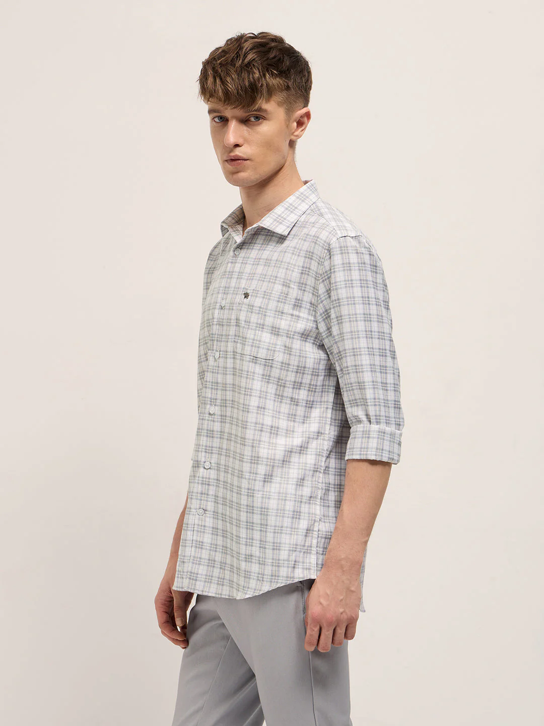Men Light Grey Checked Tailored Fit Formal Shirt. - Image 3