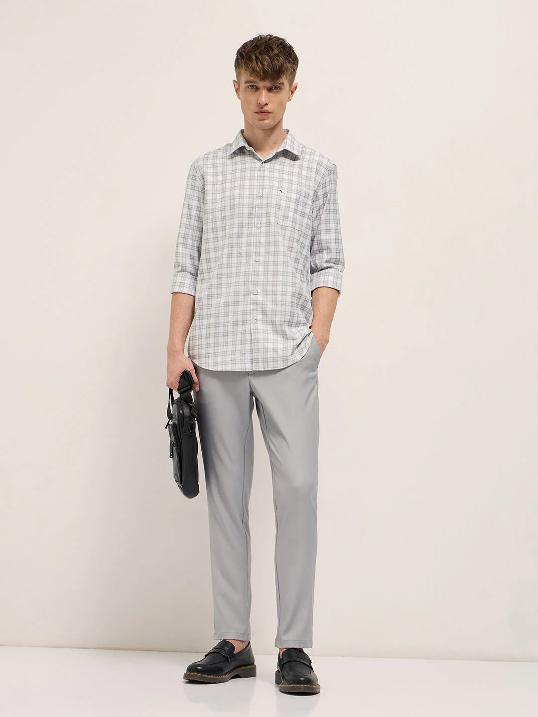 Men Light Grey Checked Tailored Fit Formal Shirt. - Image 4