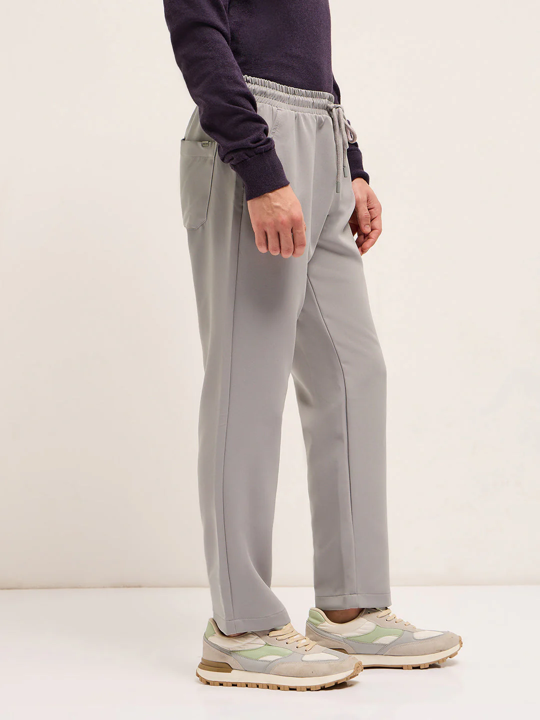 Men Light Grey Classic Korean-Inspired Elastic Waist Casual Trouser - Image 3