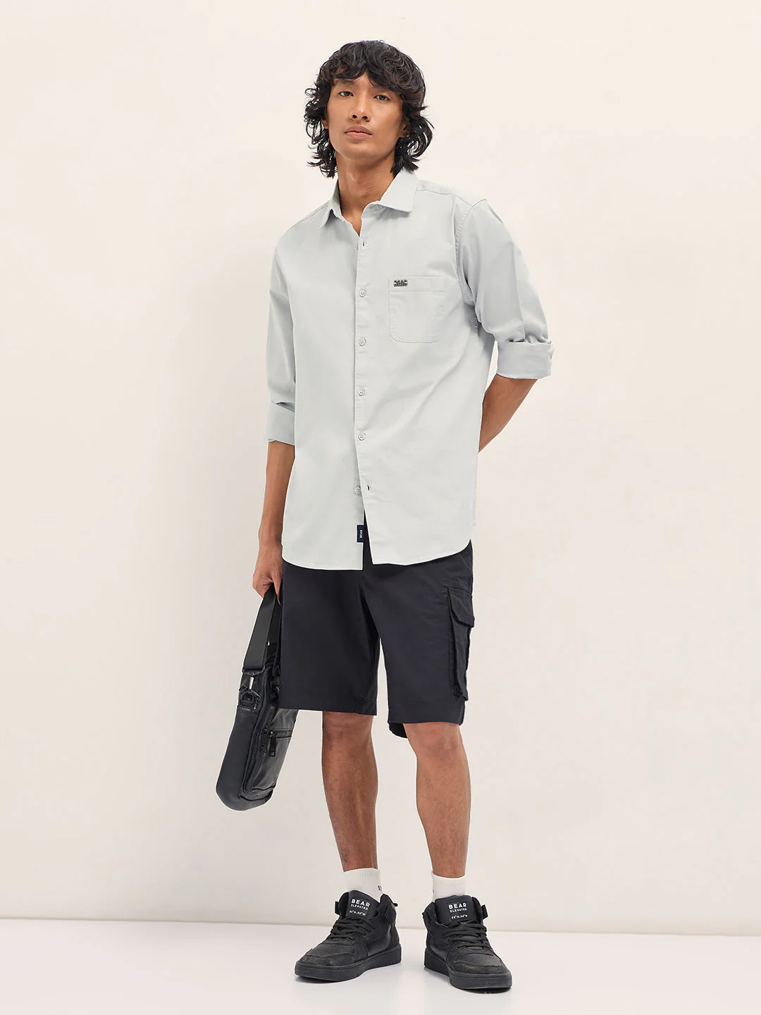 Men Light Grey Cotton Blend Solid Slim Fit Casual Shirt - Image 4