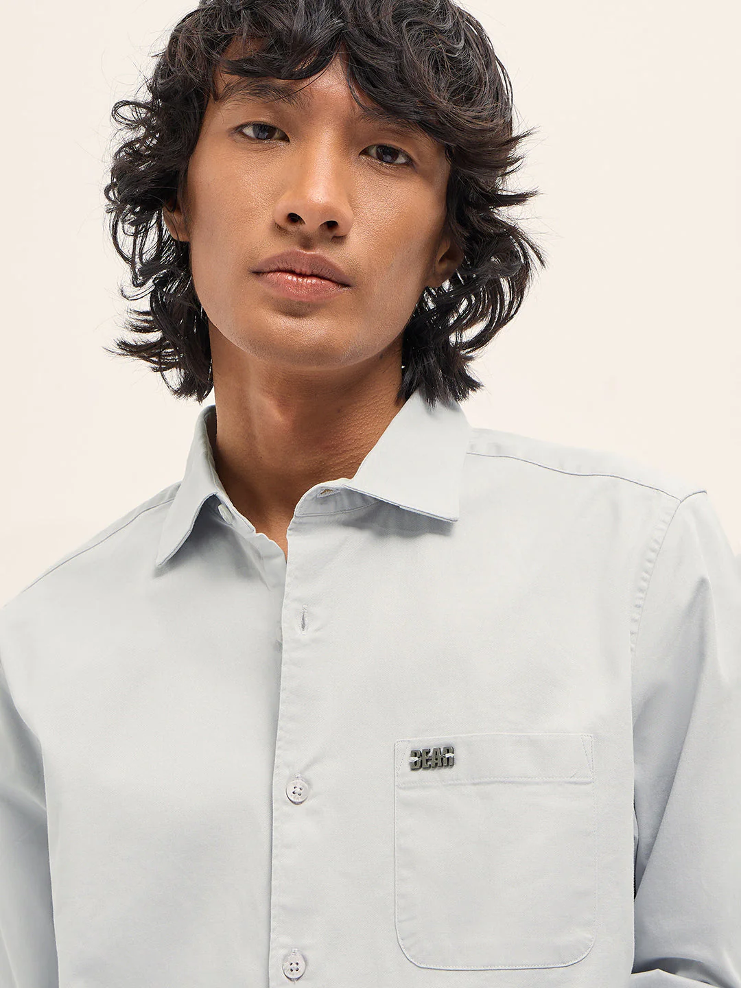 Men Light Grey Cotton Blend Solid Slim Fit Casual Shirt - Image 5