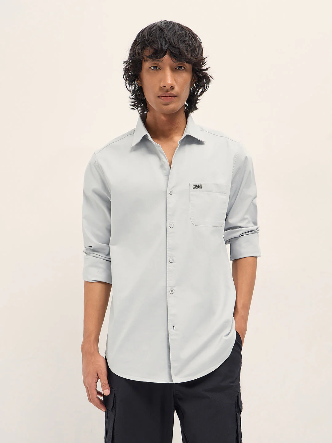 Men Light Grey Cotton Blend Solid Slim Fit Casual Shirt - Image 6
