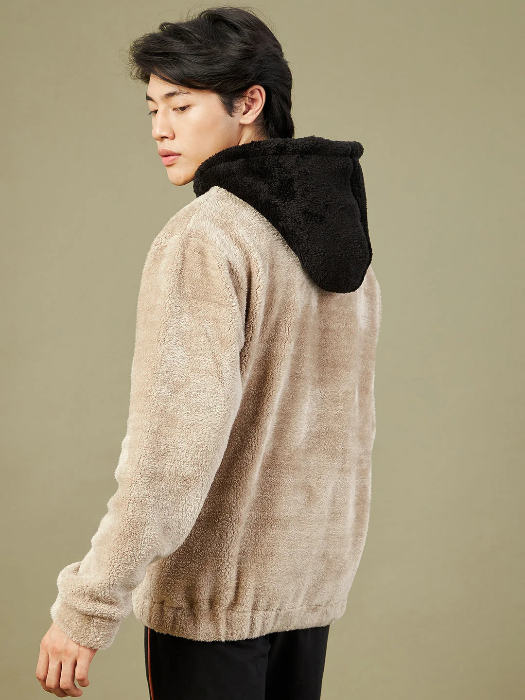Men Light Grey Fur Colorblock Hoodie - Image 2