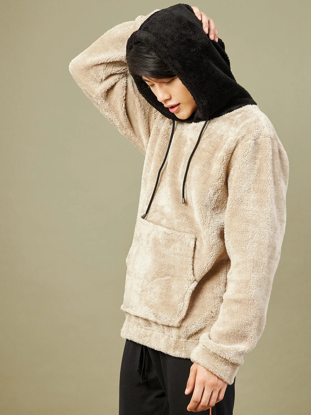 Men Light Grey Fur Colorblock Hoodie - Image 3