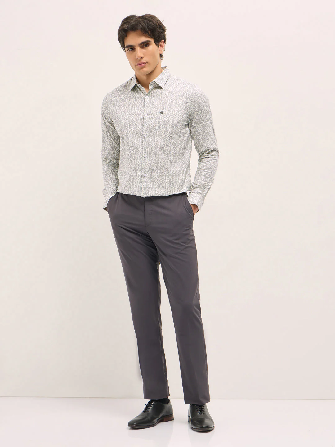 Men Light Grey Geometric Printed Tailored Fit Formal Shirt - Image 4