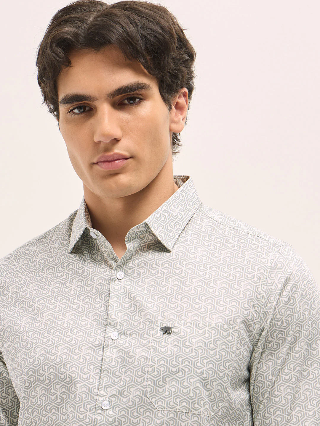 Men Light Grey Geometric Printed Tailored Fit Formal Shirt - Image 5