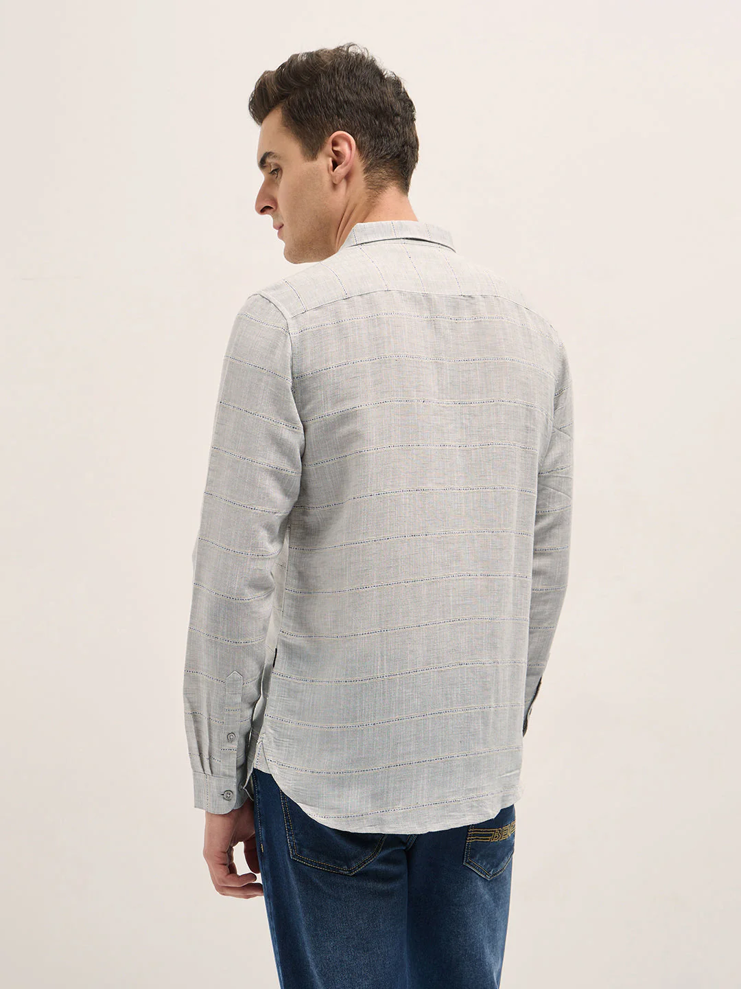 Men Light Grey Horizontal Stripes Slim Fit Casual Shirt - Image 2