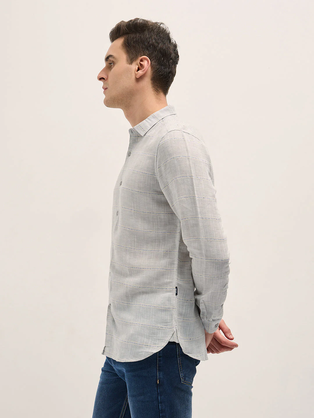 Men Light Grey Horizontal Stripes Slim Fit Casual Shirt - Image 3