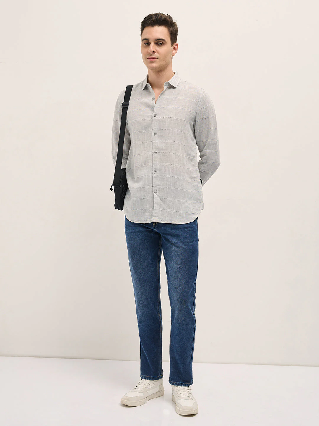 Men Light Grey Horizontal Stripes Slim Fit Casual Shirt - Image 4