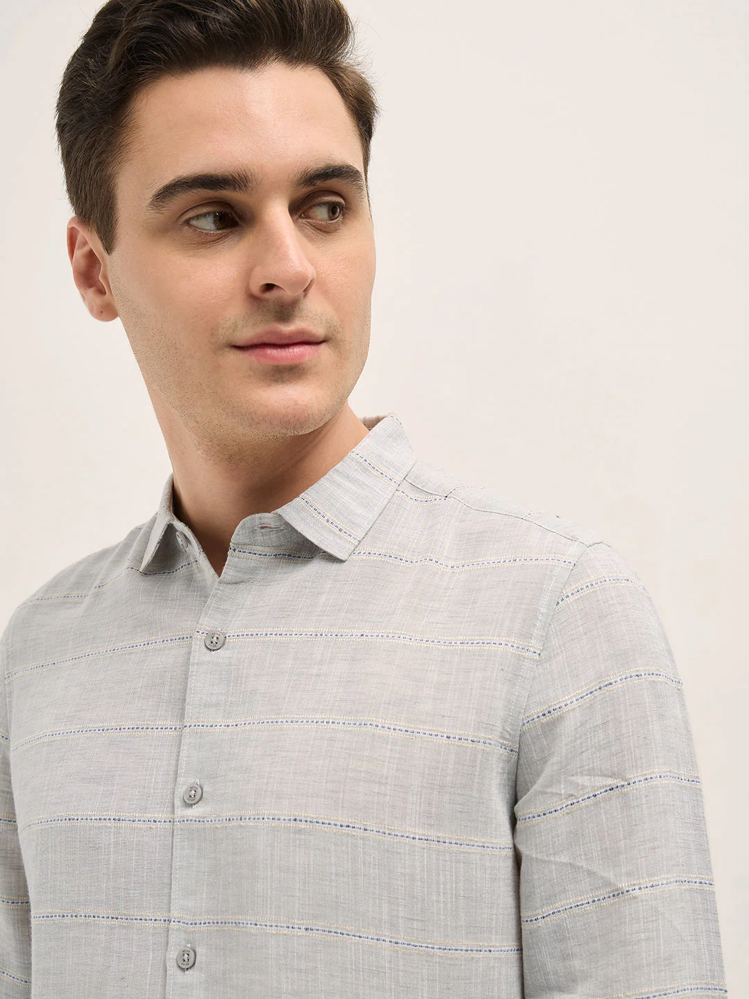 Men Light Grey Horizontal Stripes Slim Fit Casual Shirt - Image 5