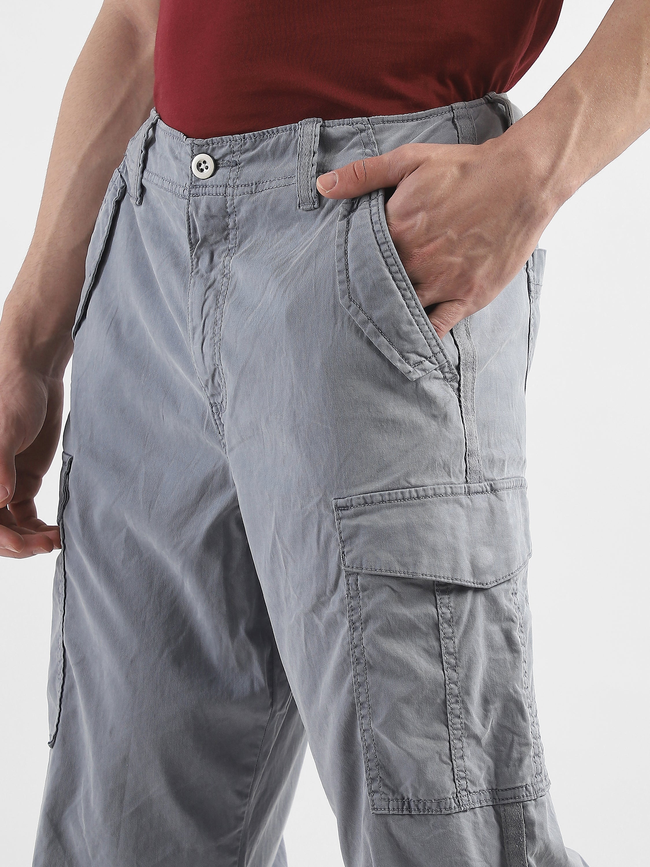 Men Light Grey Mid Rise Comfort Fit Cargo with 6 pockets - Image 6