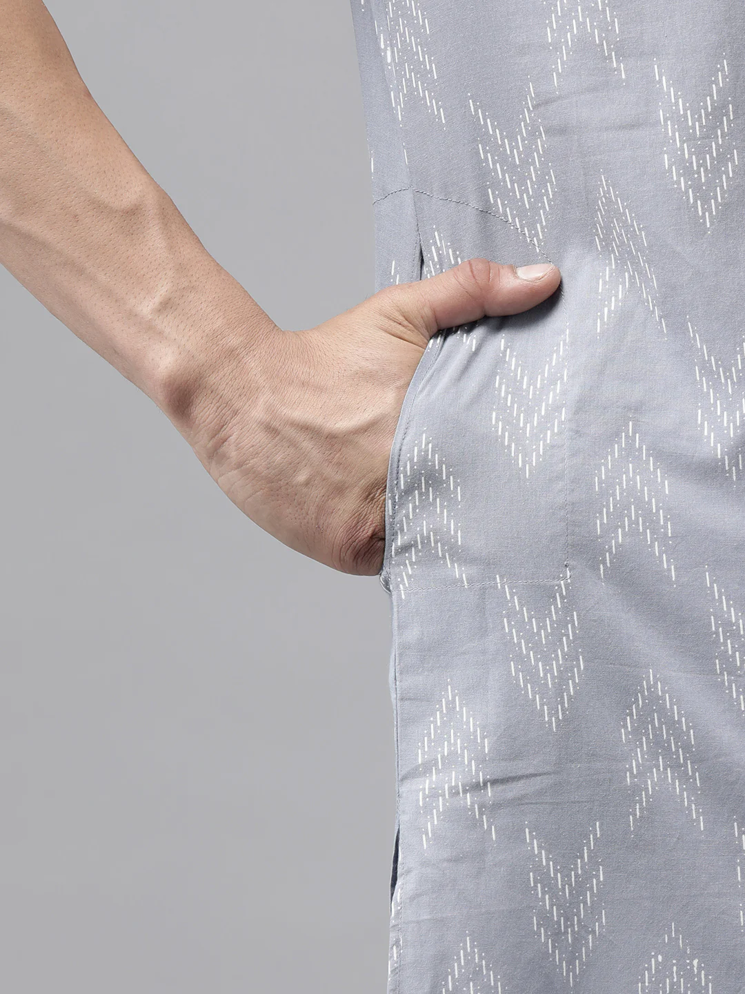Men Light Grey Regular Pure Cotton Pathani Printed Men'S Kurta - Image 3