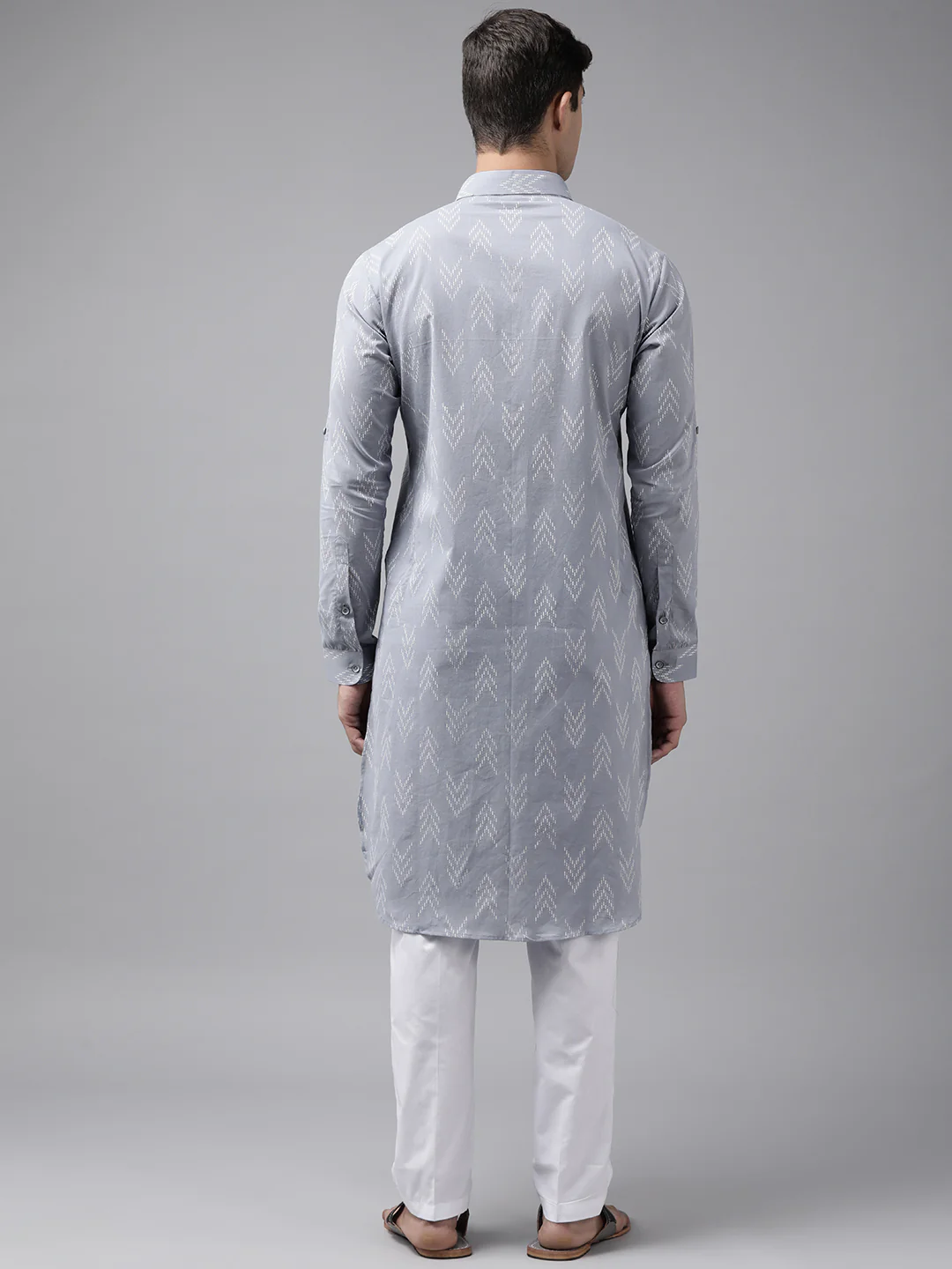 Men Light Grey Regular Pure Cotton Pathani Printed Men'S Kurta - Image 4