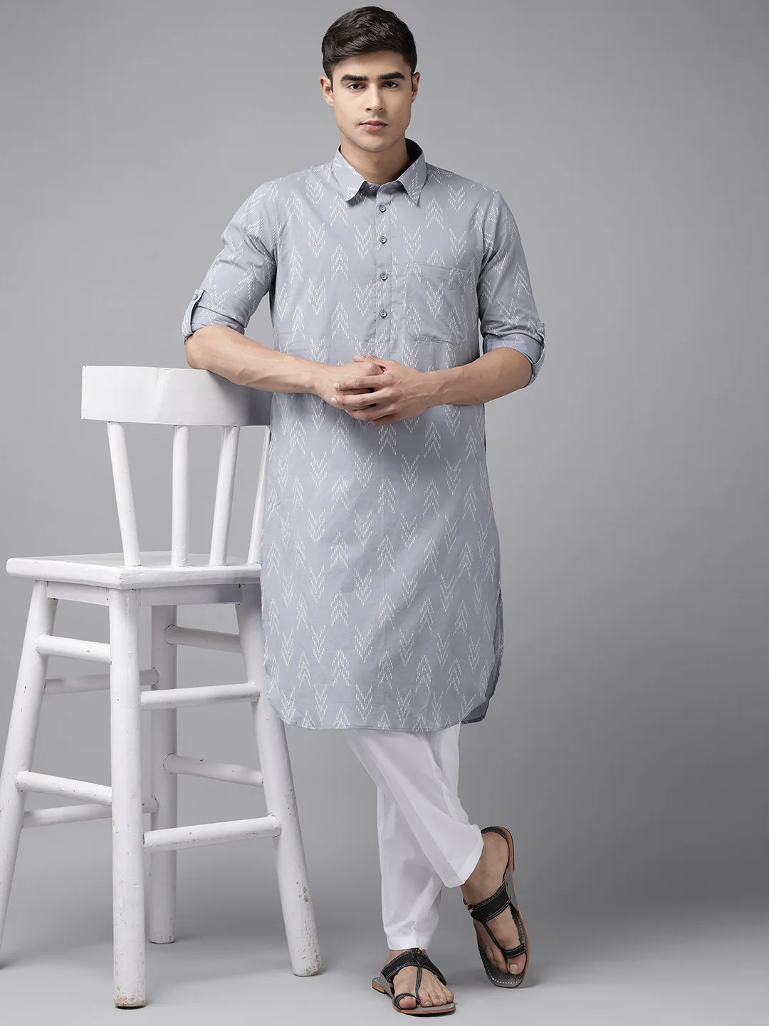 Men Light Grey Regular Pure Cotton Pathani Printed Men'S Kurta - Image 5
