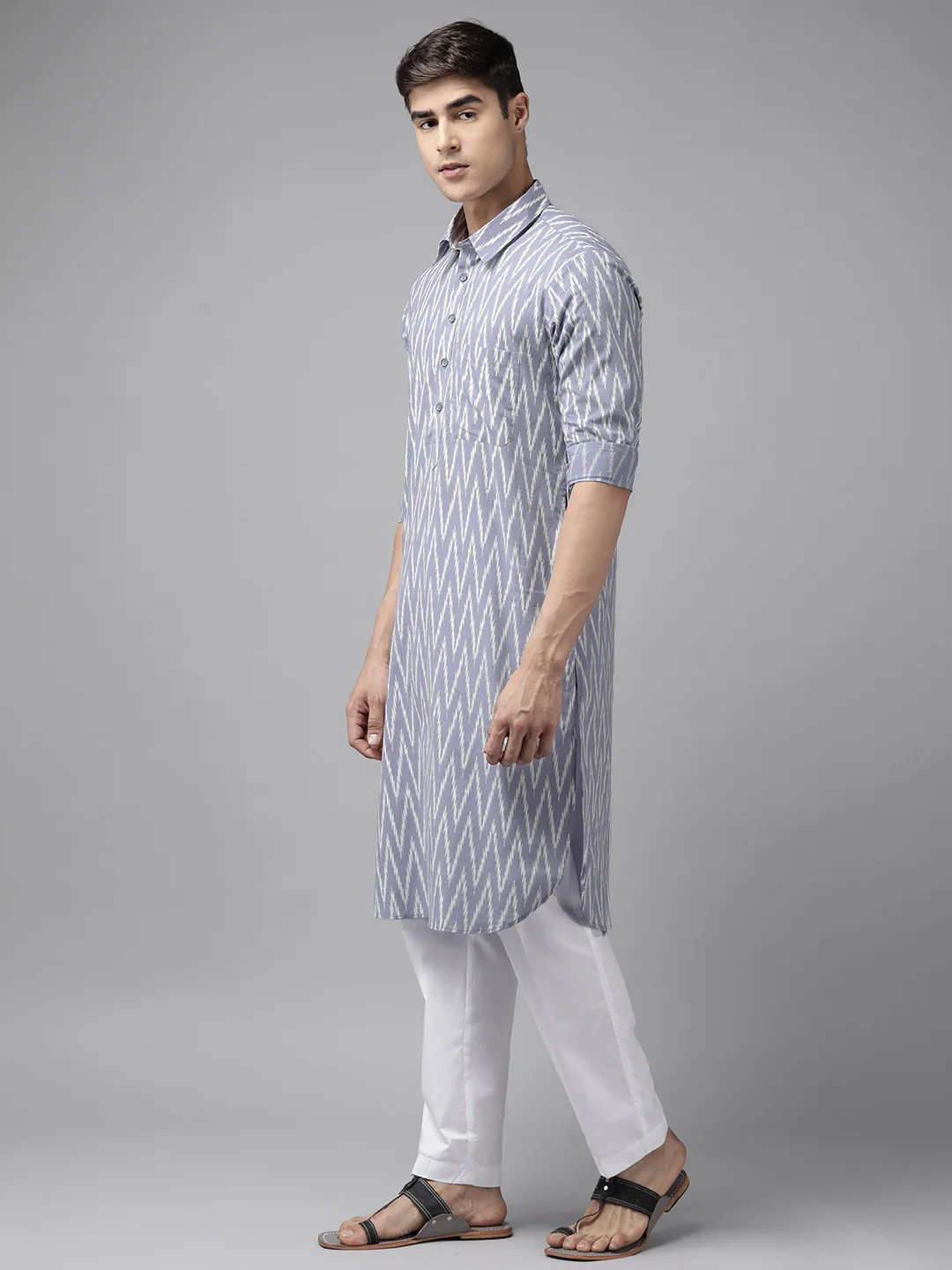 Men Light Grey Regular Pure Cotton Pathani Printed Men'S Kurta - Image 4