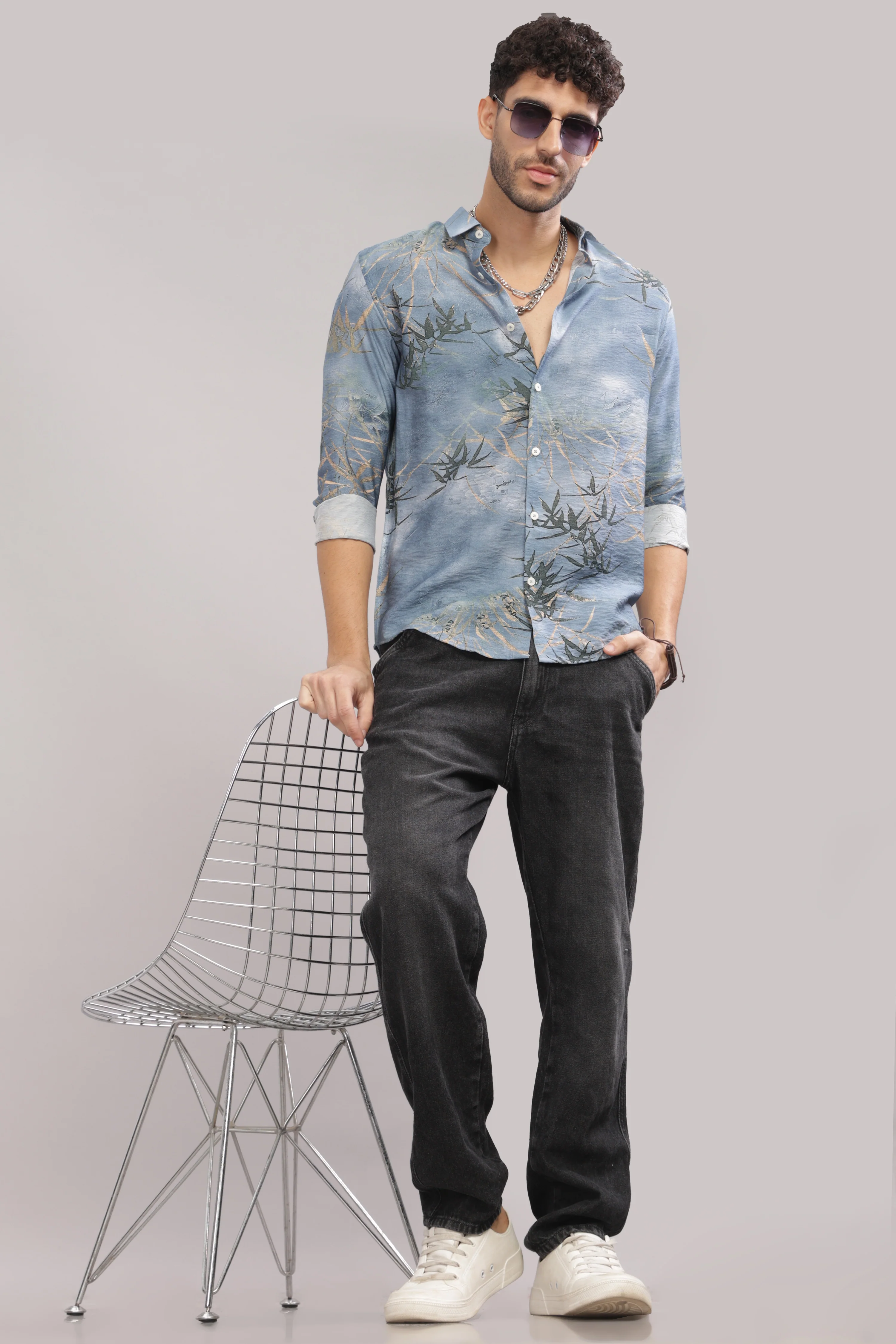 Men Light Grey Slim Fit Shirt - Image 3