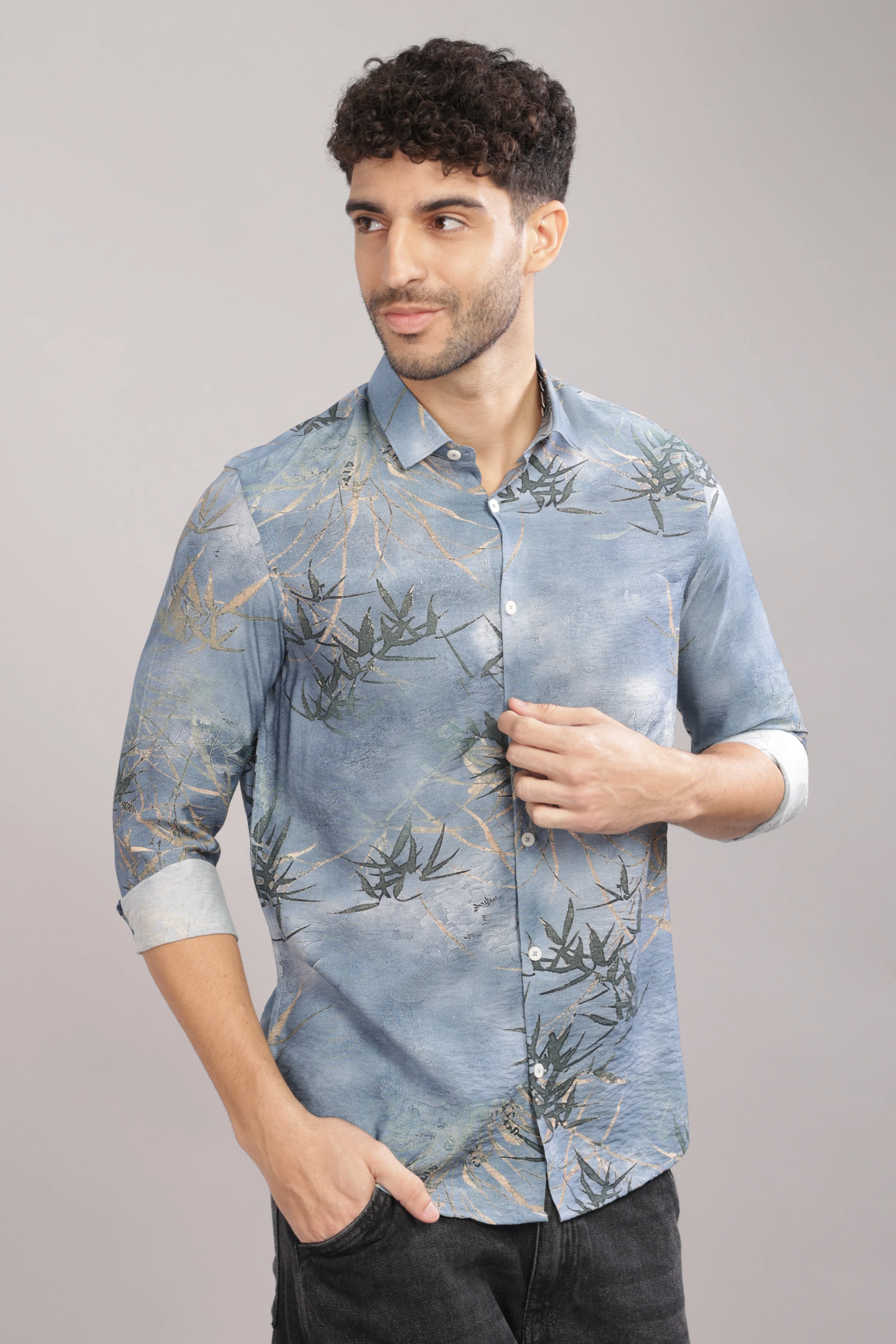 Men Light Grey Slim Fit Shirt - Image 4