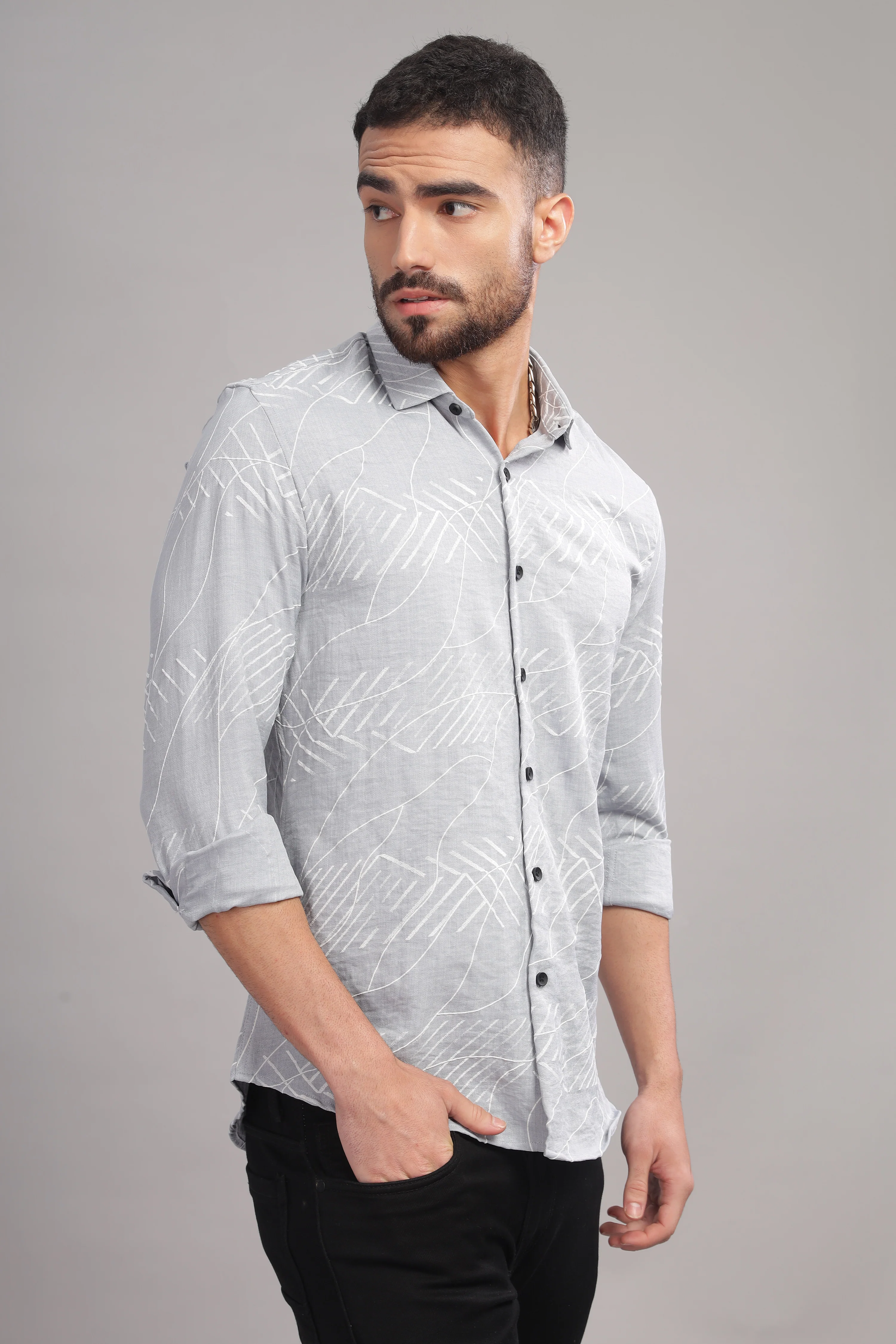 Men Light Grey Slim Fit Shirt - Image 5
