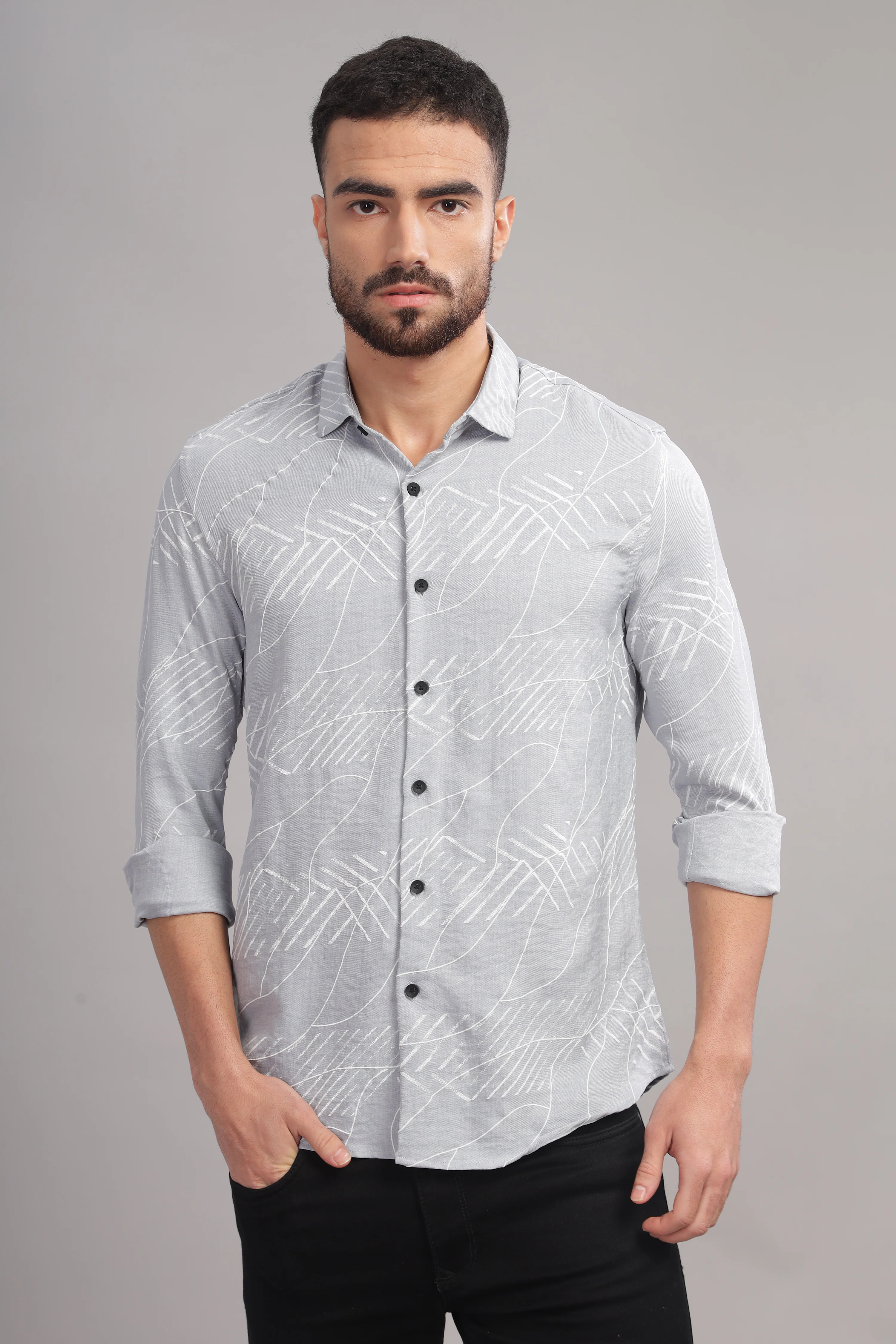 Men Light Grey Slim Fit Shirt - Image 6