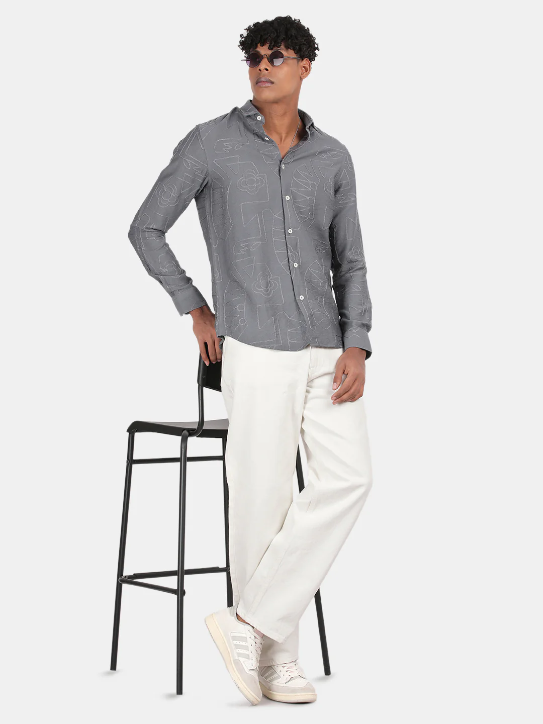 Men Light Grey Slim Fit Spread Collar Full Sleeve Casual Shirt - Image 3