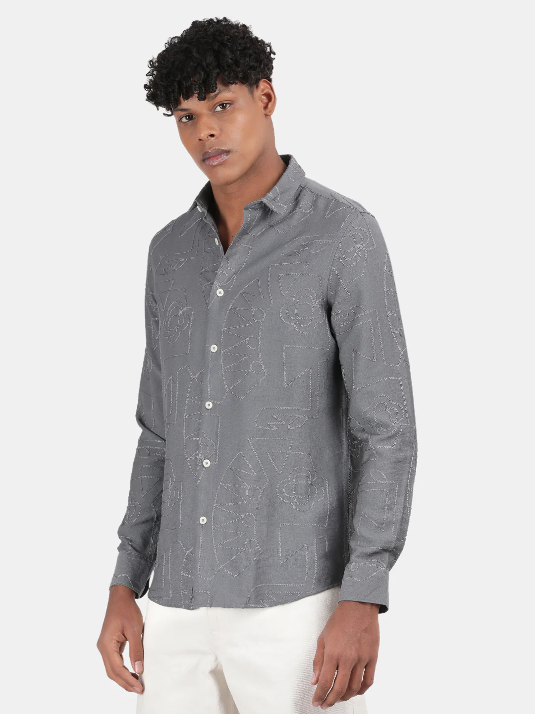 Men Light Grey Slim Fit Spread Collar Full Sleeve Casual Shirt - Image 4