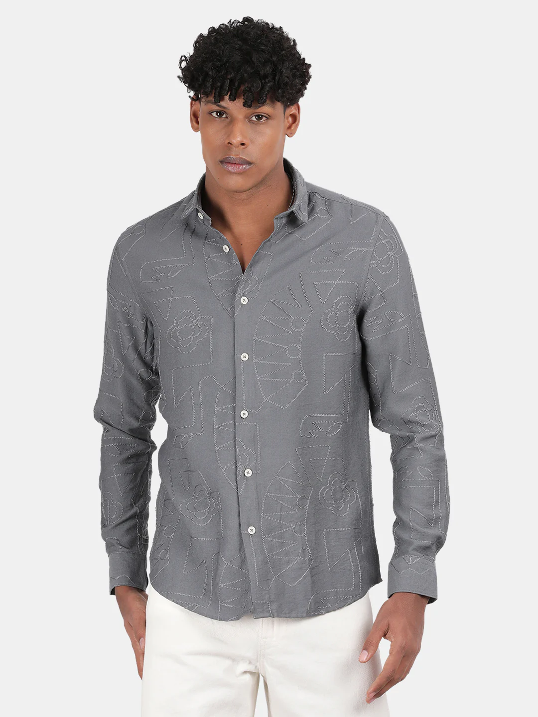 Men Light Grey Slim Fit Spread Collar Full Sleeve Casual Shirt - Image 5