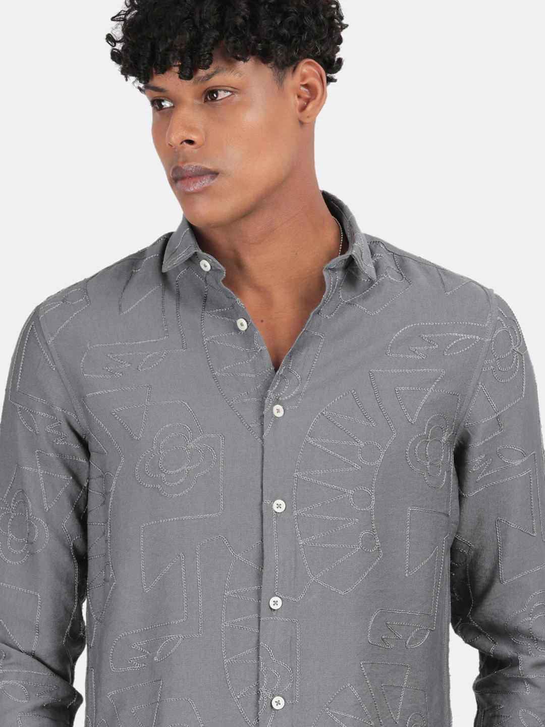 Men Light Grey Slim Fit Spread Collar Full Sleeve Casual Shirt - Image 6