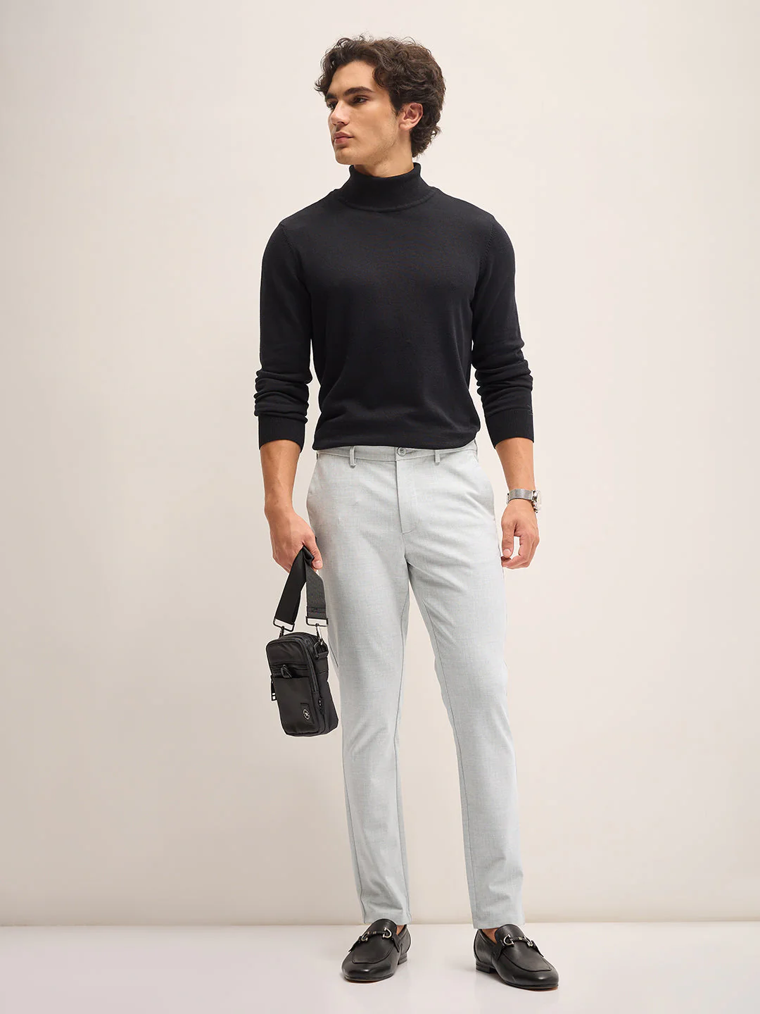 Men Light Grey Solid 4 Way Stretch Formal Trouser - Image 3