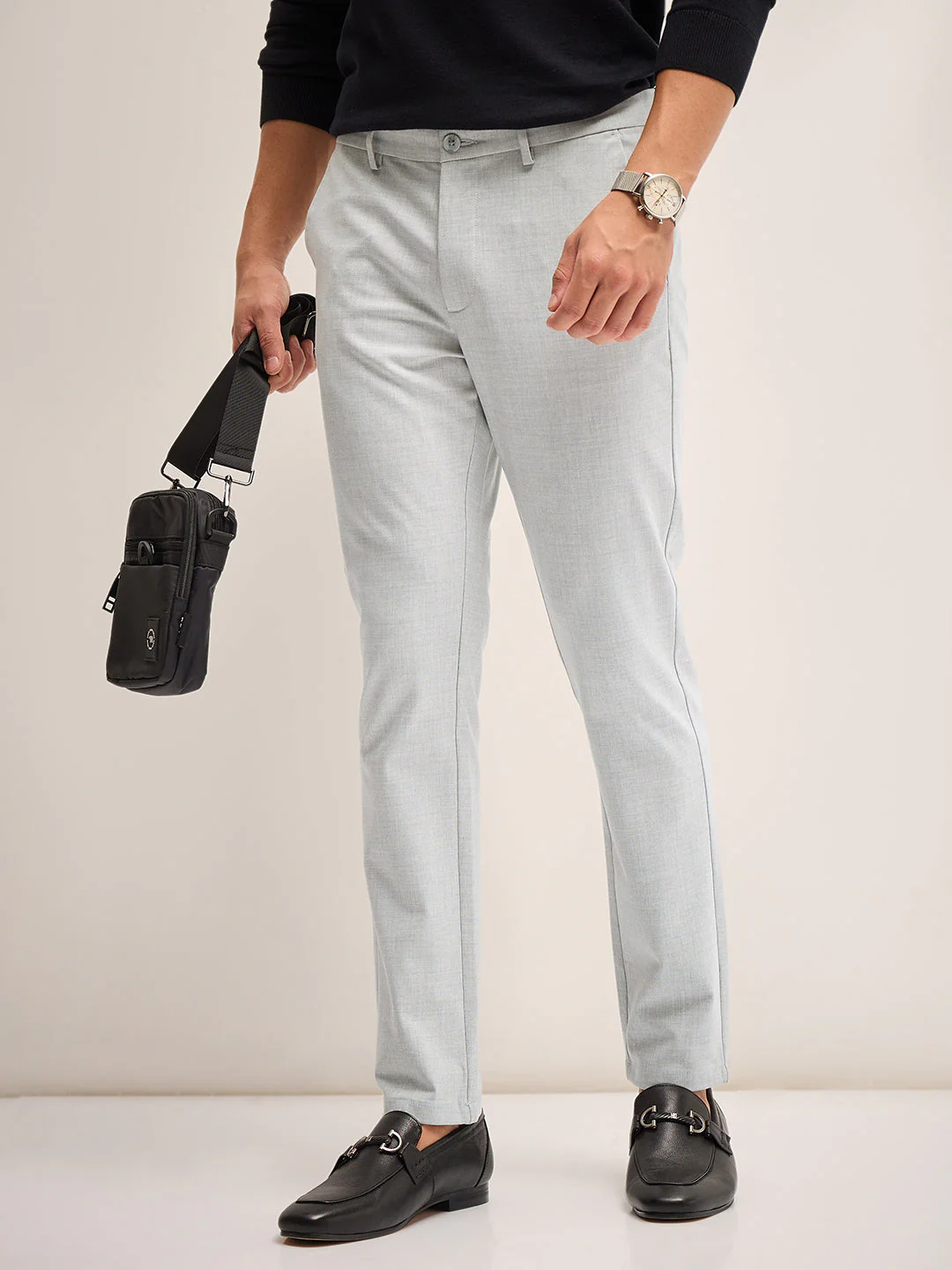 Men Light Grey Solid 4 Way Stretch Formal Trouser - Image 6