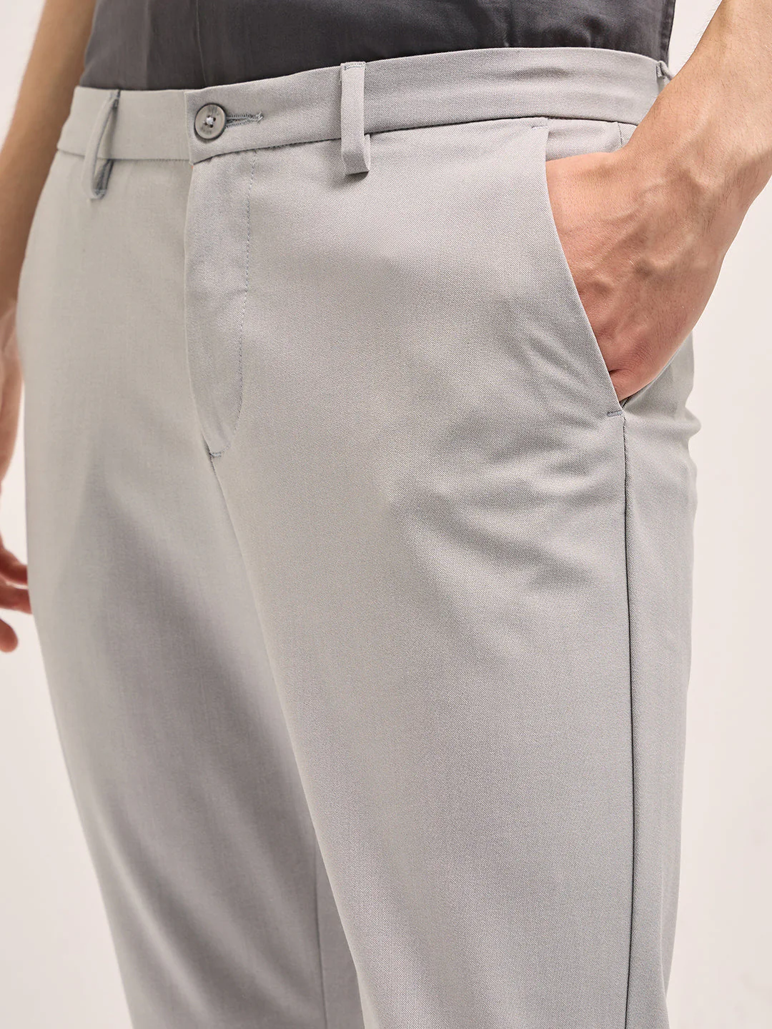 Men Light Grey Solid 4 Way Stretch Formal Trouser - Image 5
