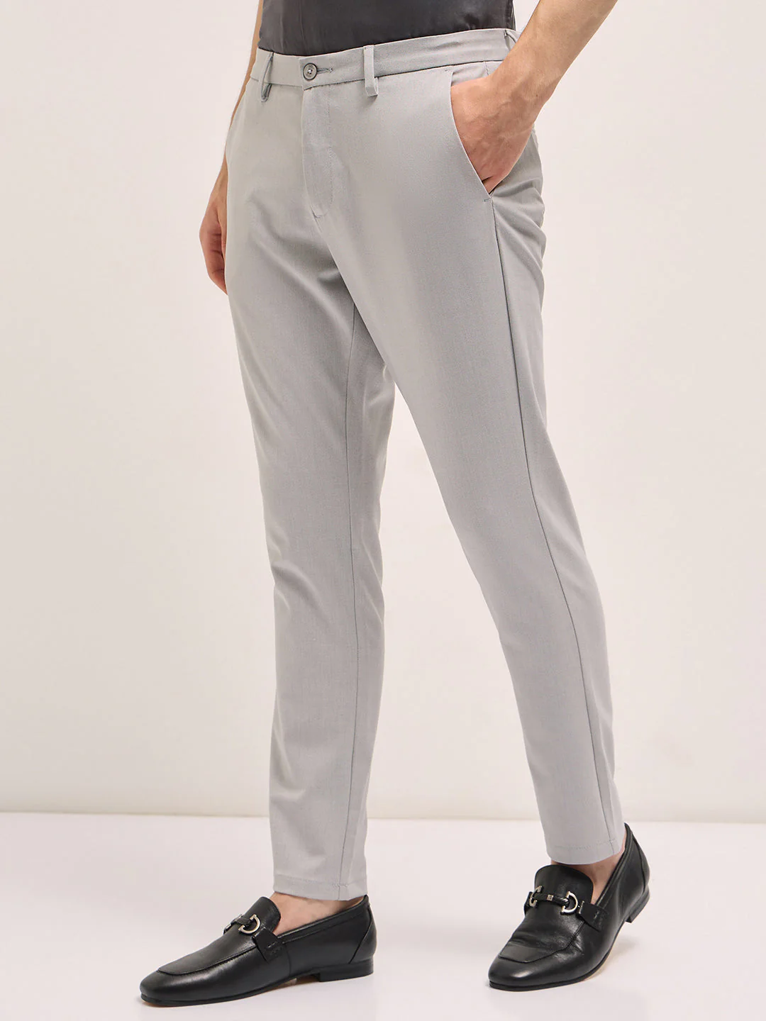 Men Light Grey Solid 4 Way Stretch Formal Trouser - Image 7