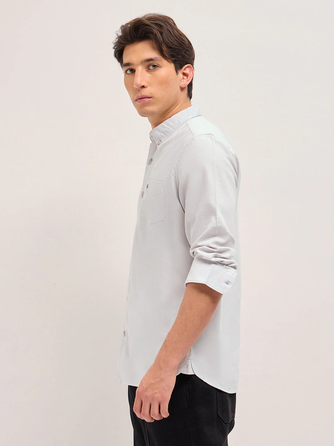 Men Light Grey Solid Slim Fit Casual Shirt - Image 3
