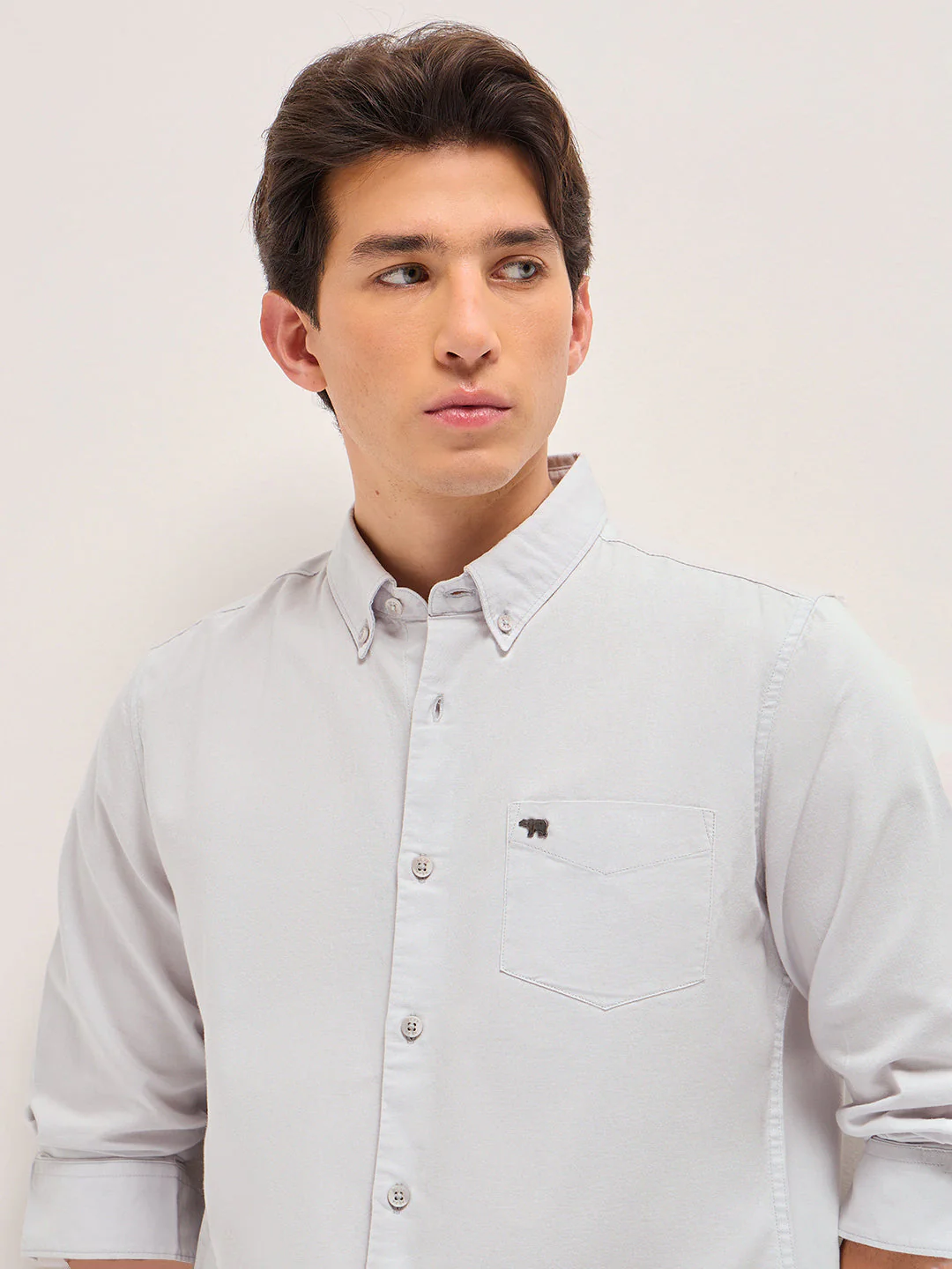 Men Light Grey Solid Slim Fit Casual Shirt - Image 5