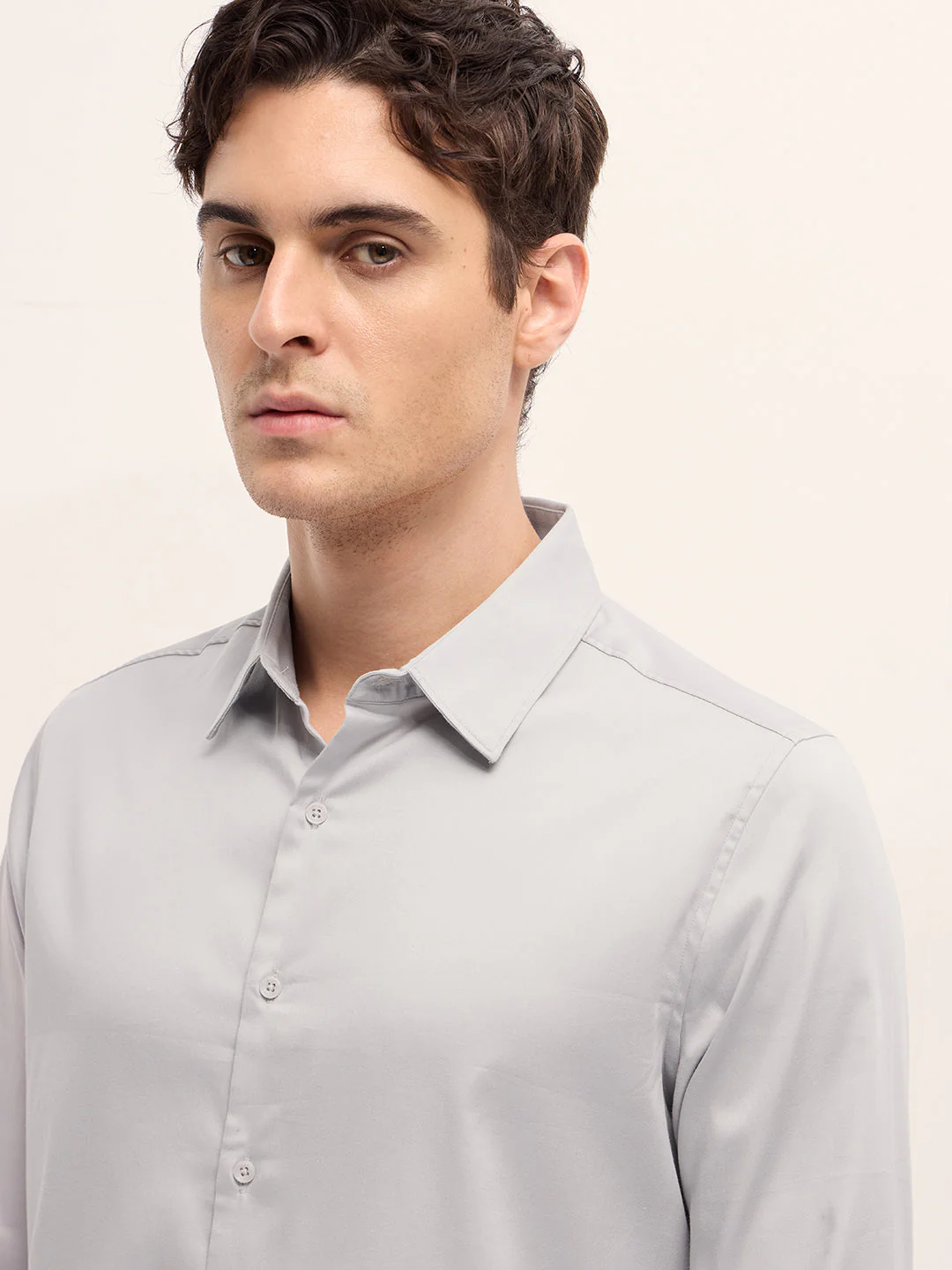 Men Light Grey Solid Slim Fit Casual Shirt - Image 5