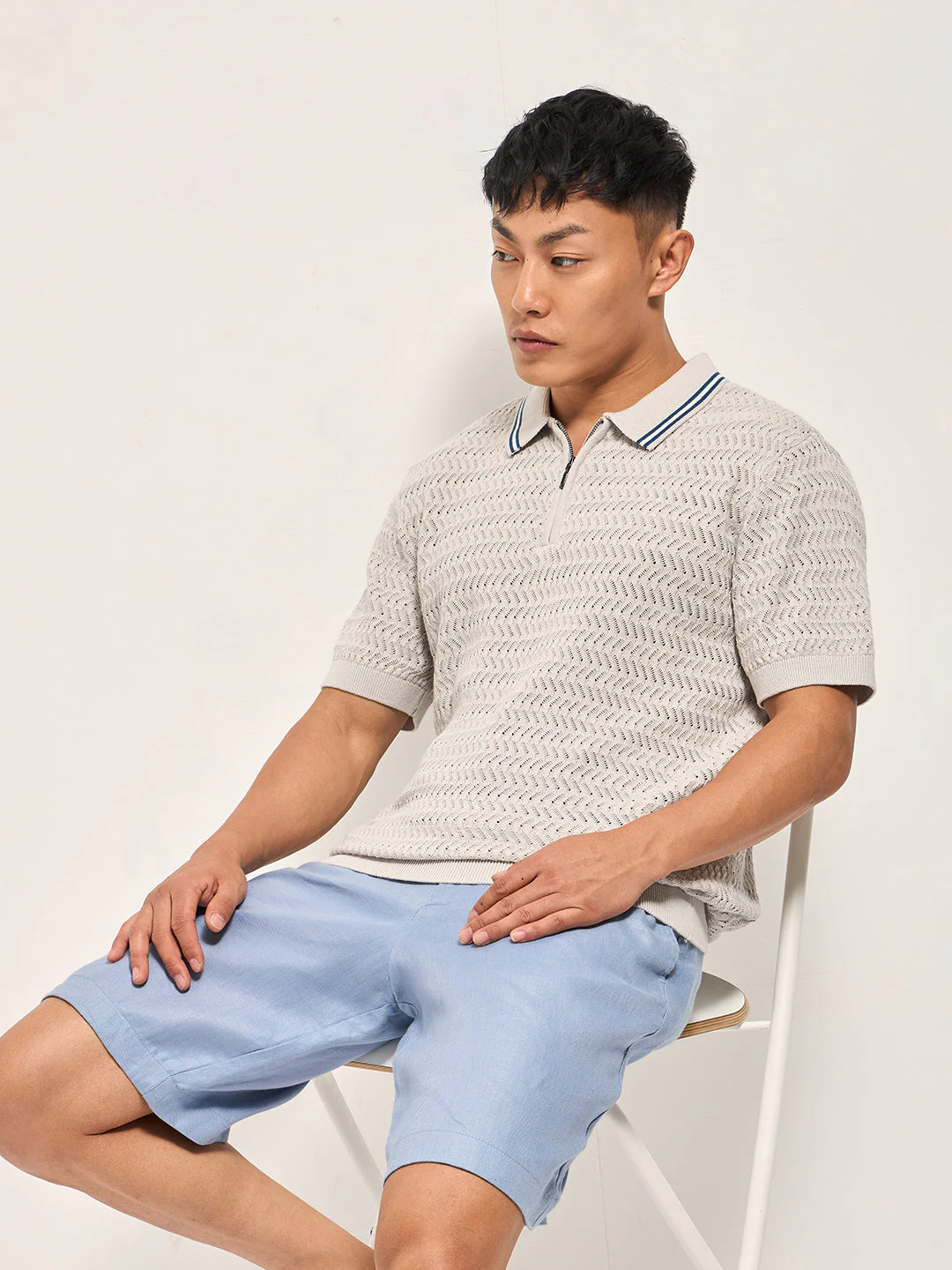Men Light Grey Textured Knit Design Regular Fit Polo