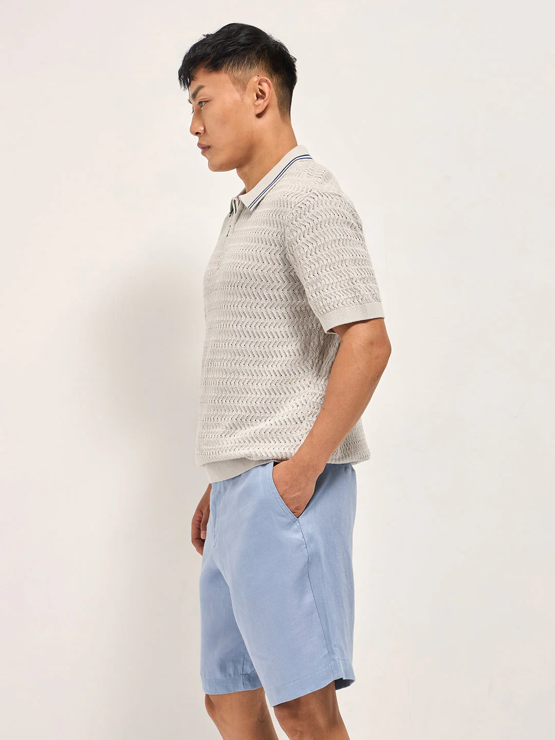 Men Light Grey Textured Knit Design Regular Fit Polo - Image 3