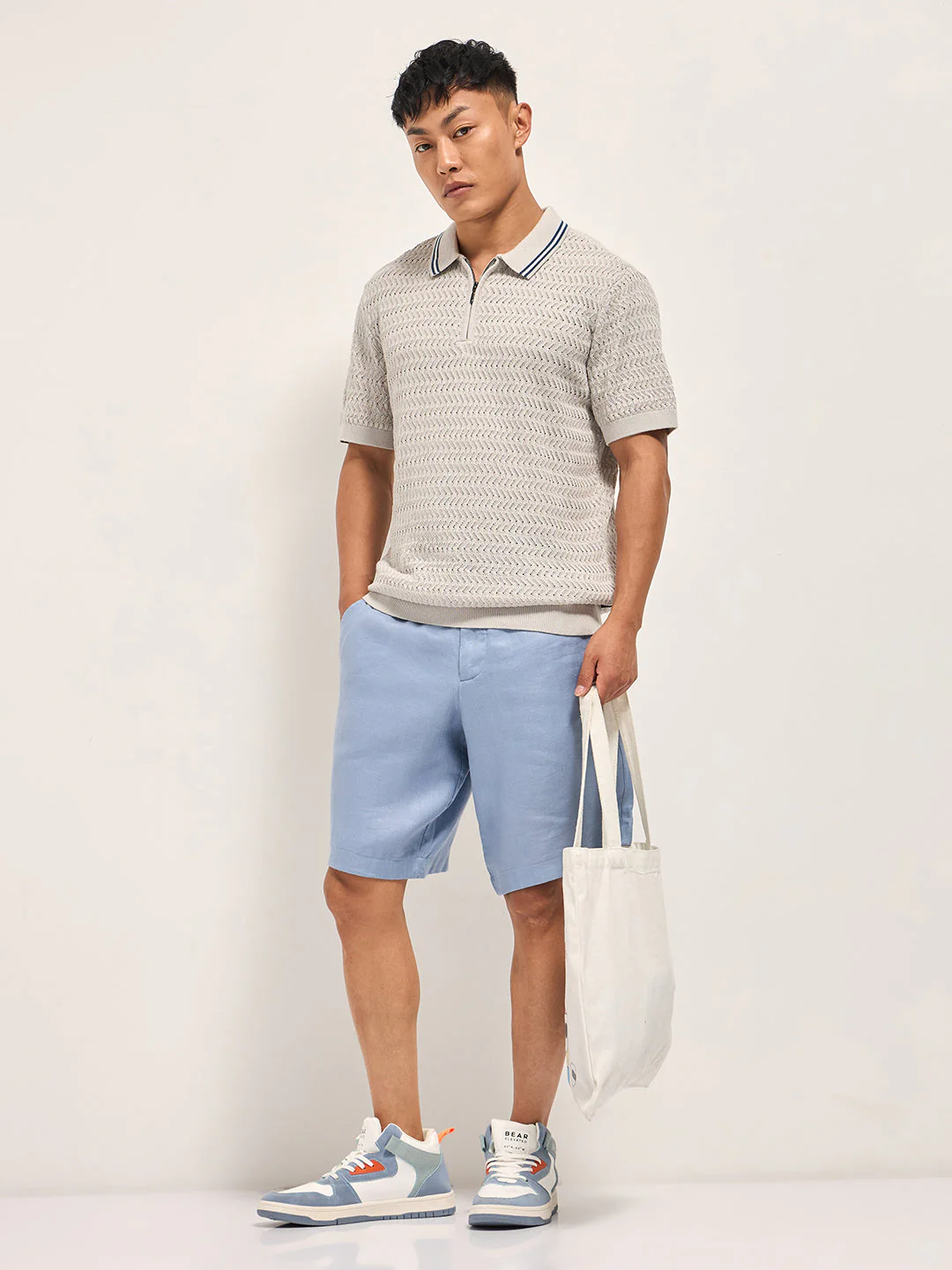 Men Light Grey Textured Knit Design Regular Fit Polo - Image 4