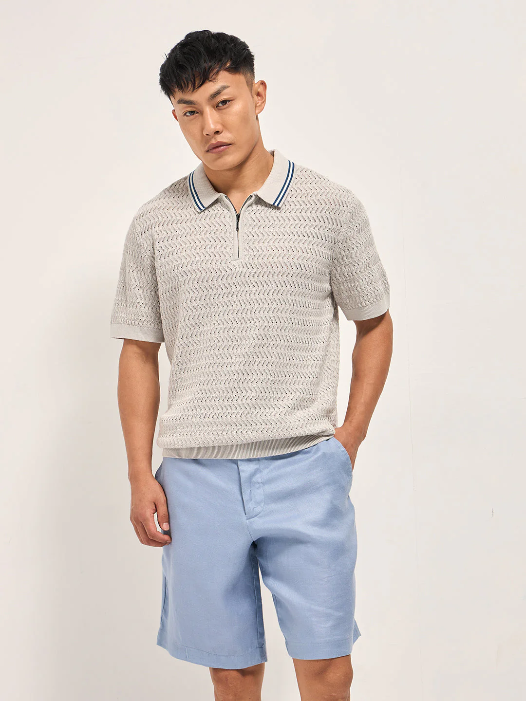 Men Light Grey Textured Knit Design Regular Fit Polo - Image 6