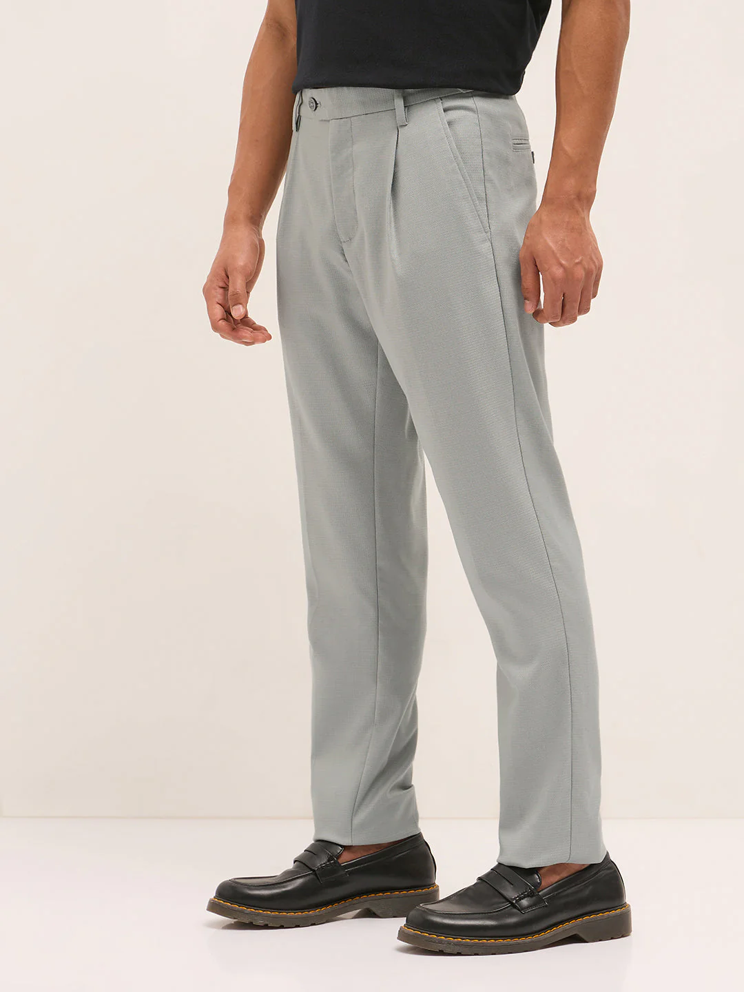 Men Light Grey Textured Weave Regular Fit Formal Trousers - Image 3