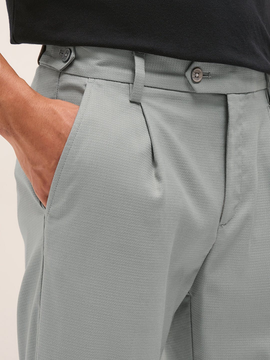 Men Light Grey Textured Weave Regular Fit Formal Trousers - Image 5
